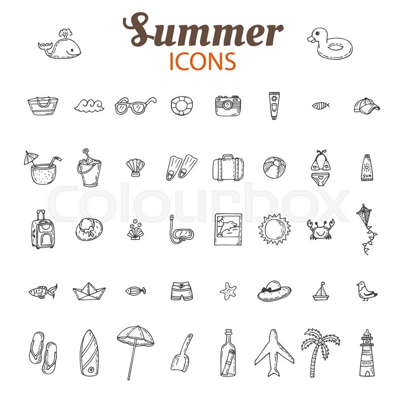 800x800 Hand Drawn Summer Vector Icon Set. Beach Icons Collection