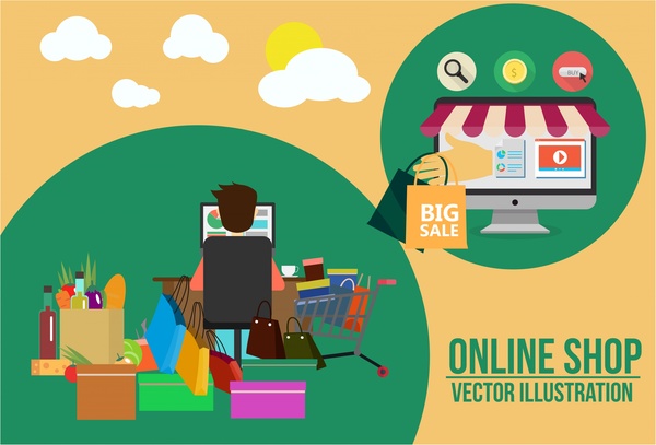 600x407 Online Shopping Concept Male And Various Goods Illustration Free