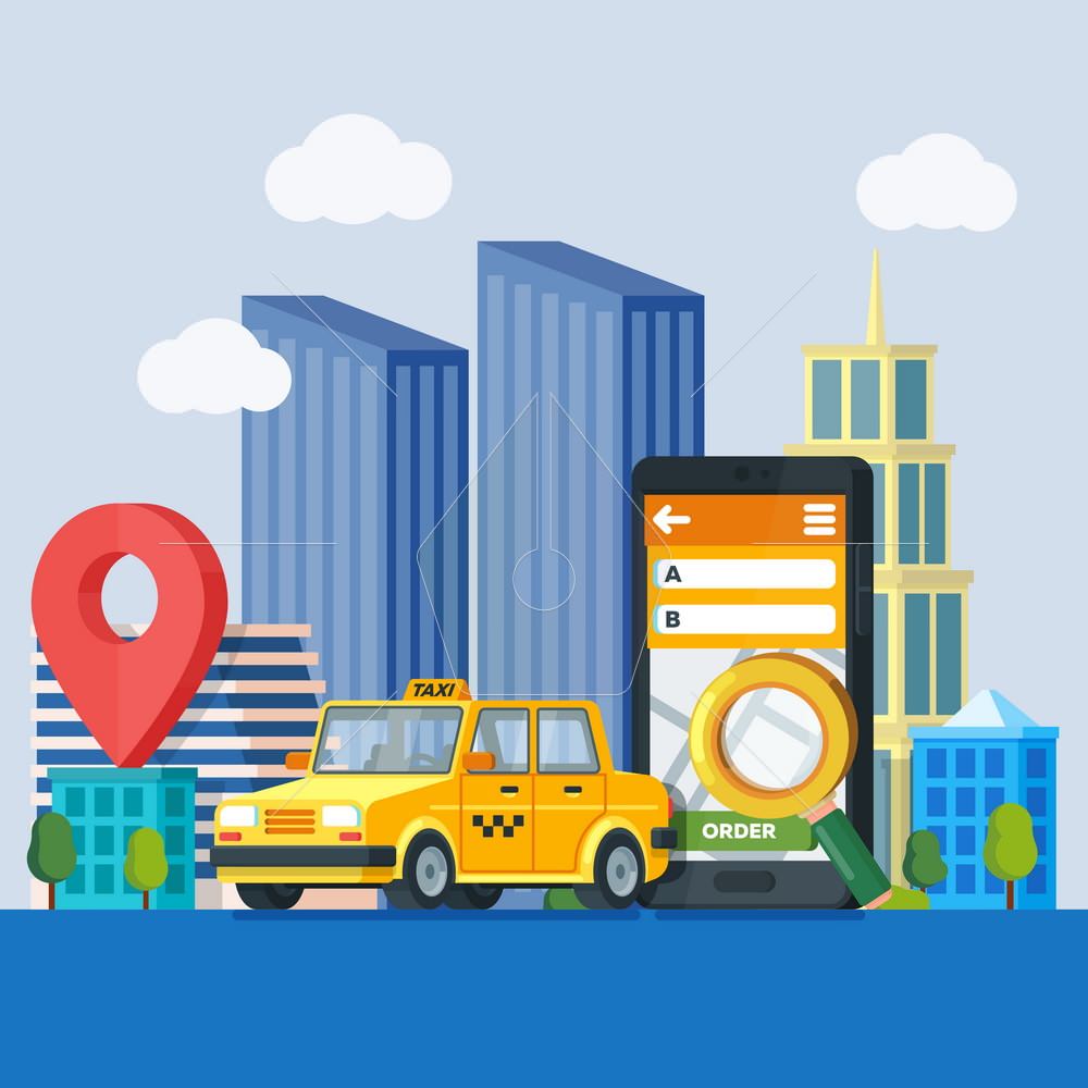 1000x1000 Online Taxi Service. Banner In Flat 3d Style. Vector Illustration