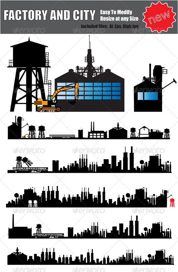590x899 Vector Factory And City Silhouette Set By Ozgers Graphicriver