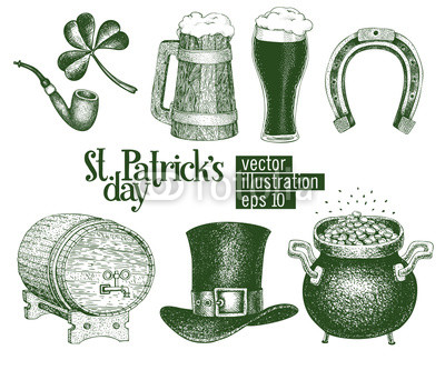 400x333 Hand Drawn Vector Leprechaun Hat, Clover, Beer Mug, Barrel, Golden
