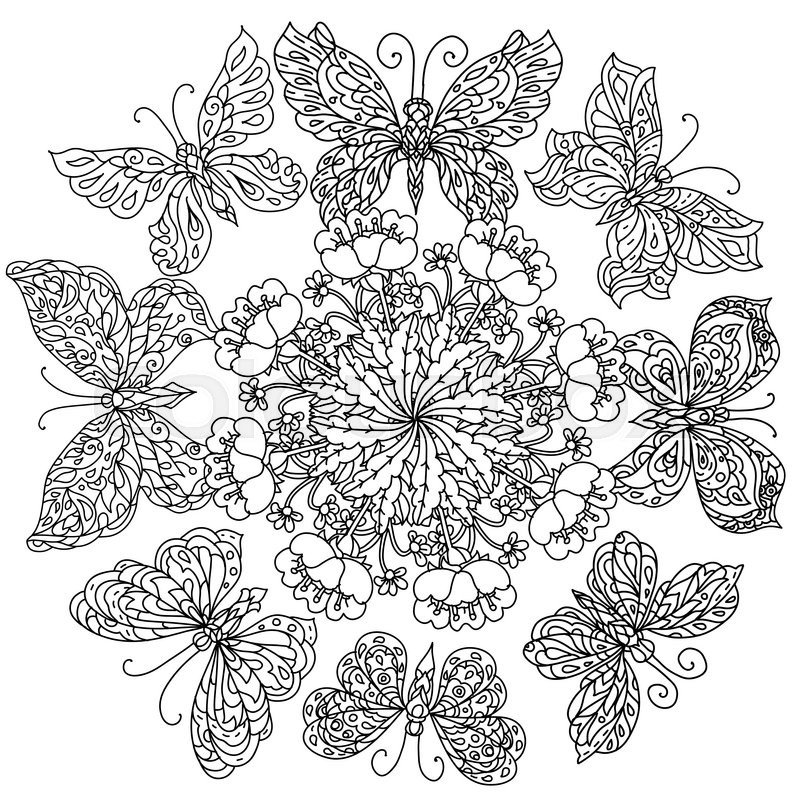 800x800 Mandala Shape Flowers And Butterfly For Adult Coloring Book In Zen