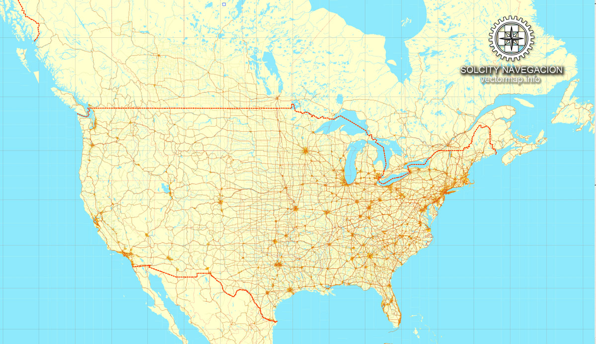 1200x692 Us + Canada Printable Vector Full Road Map Editable Adobe Illustrator