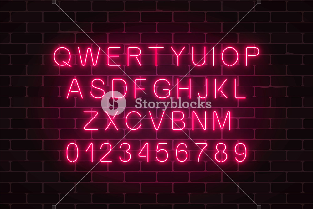 1000x667 Glowing Neon Alphabet Font On Dark Brick Wall Background. Vector