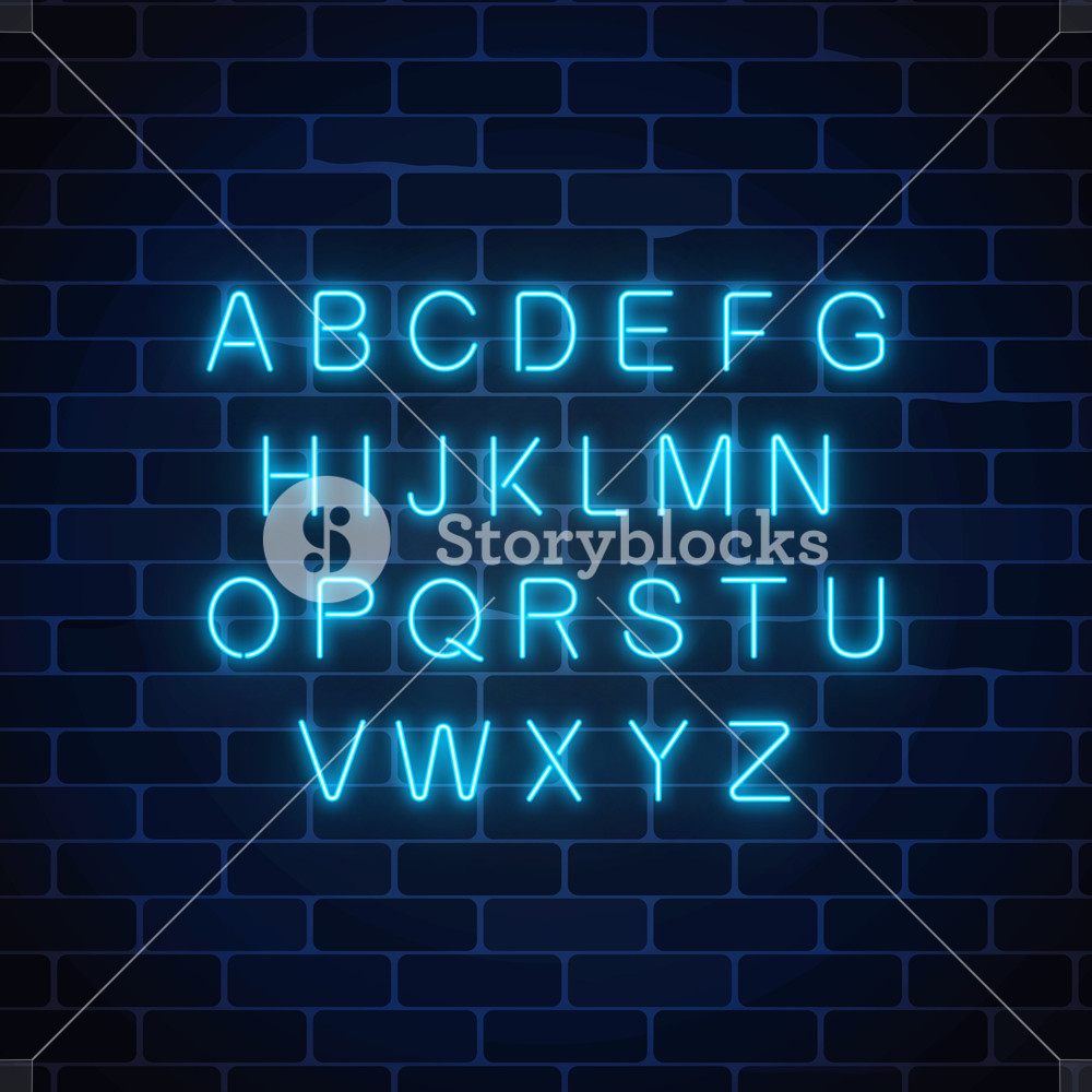 1000x1000 Glowing Neon Blue Color Alphabet Font On Dark Brick Wall