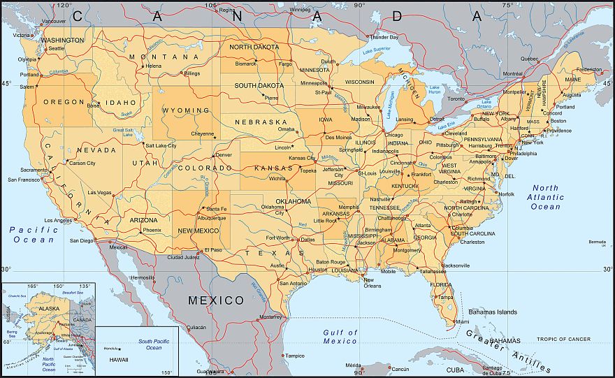 880x541 Prewiev Of Usa Vector Map. Mercator Projection.
