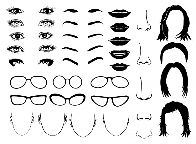 626x459 Woman Face Parts, Eye, Glasses, Lips And Hair. Vector Female