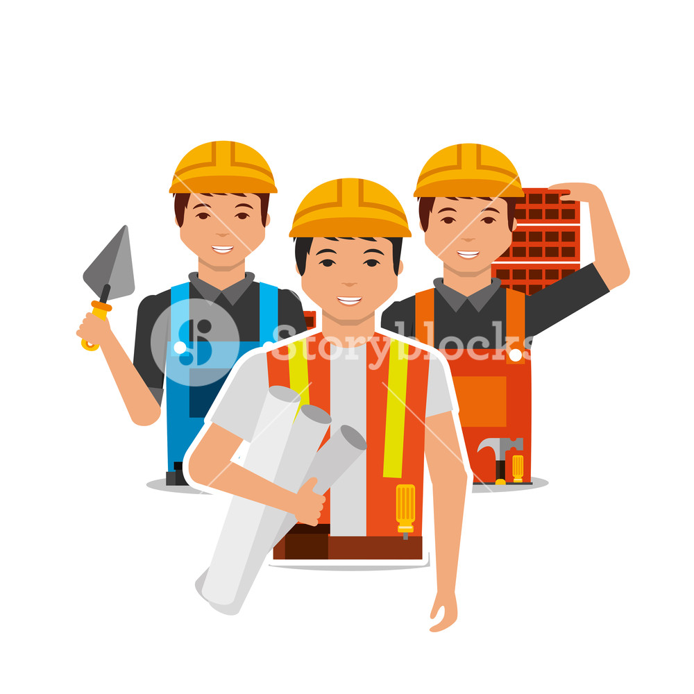 1000x1000 Construction People Worker With Project Plan Bricks And Spatula