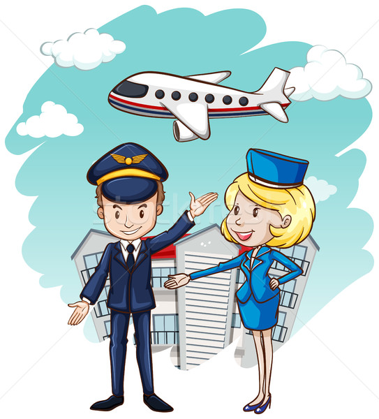 543x600 Pilot And Flight Attendant With Airplane In Background Vector