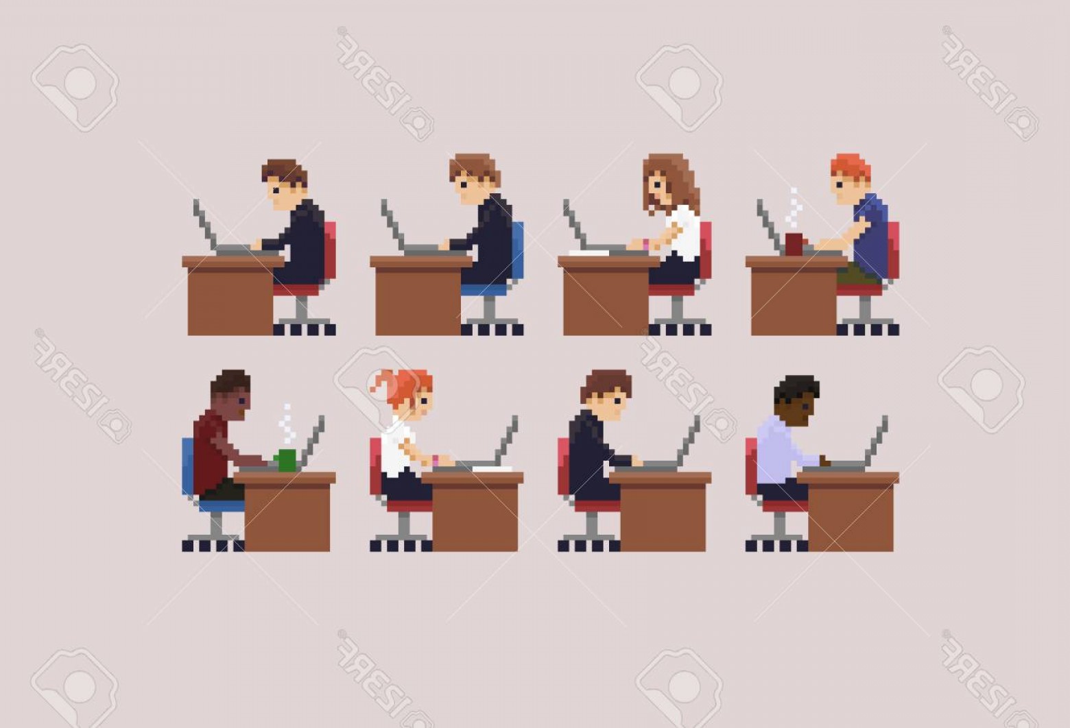 1560x1062 Photostock Vector Pixel Art Characters Working On Their Laptops