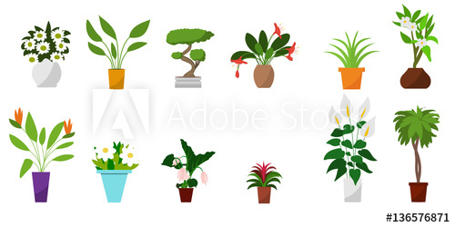 500x250 House Plants And Flowers In Pots. Flat Style Vector Illustration