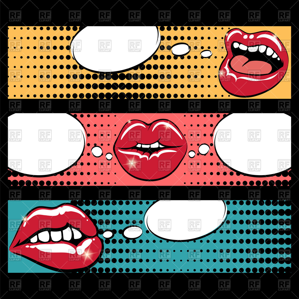 1200x1200 Pop Art Style Banners With Mouth And Speech Bubbles Vector Image