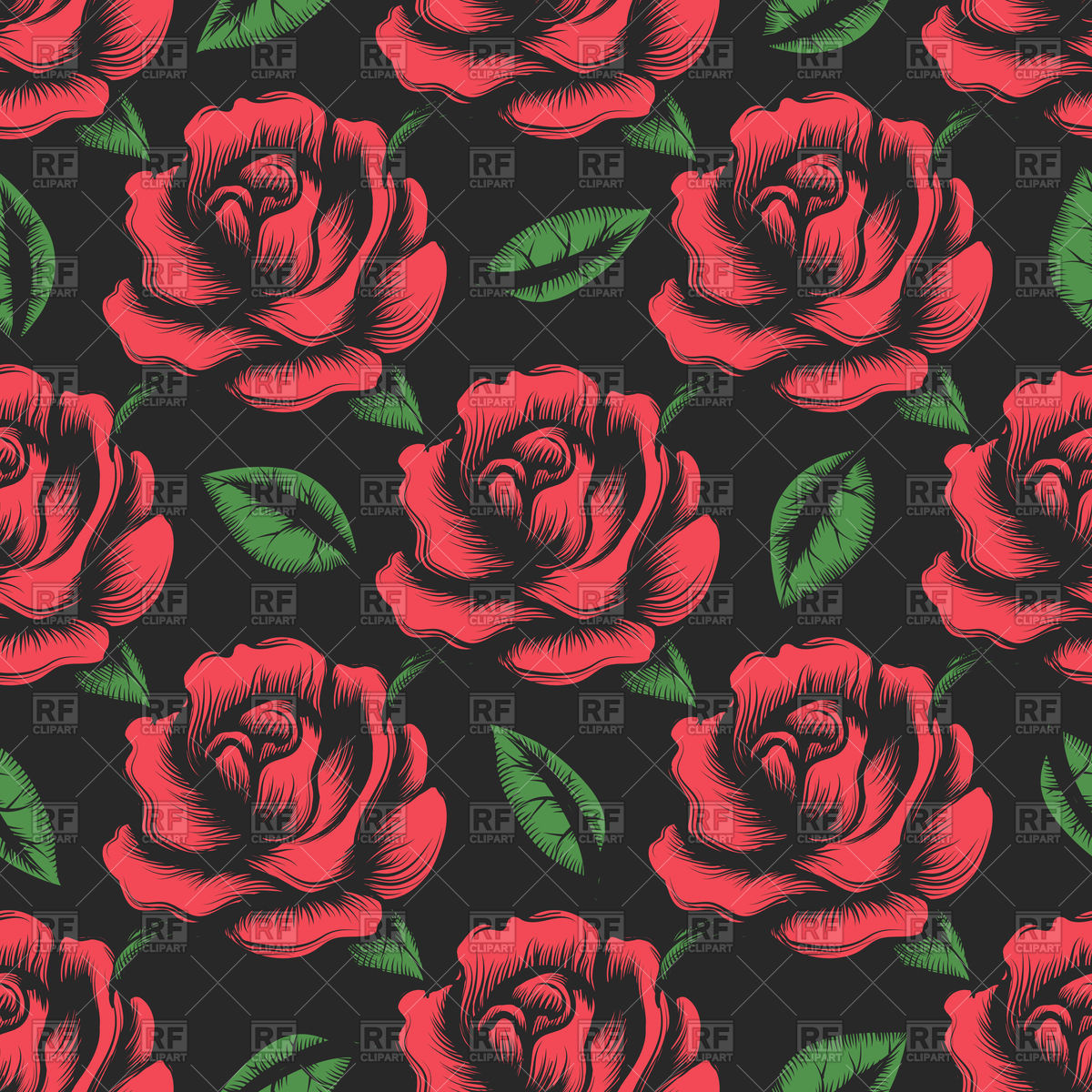 1200x1200 Red Rose Seamless Pattern With Green Leaves On Black Background