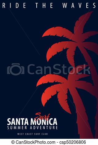 318x470 Santa Monica Surfing Graphic With Palms. T Shirt Design And Print