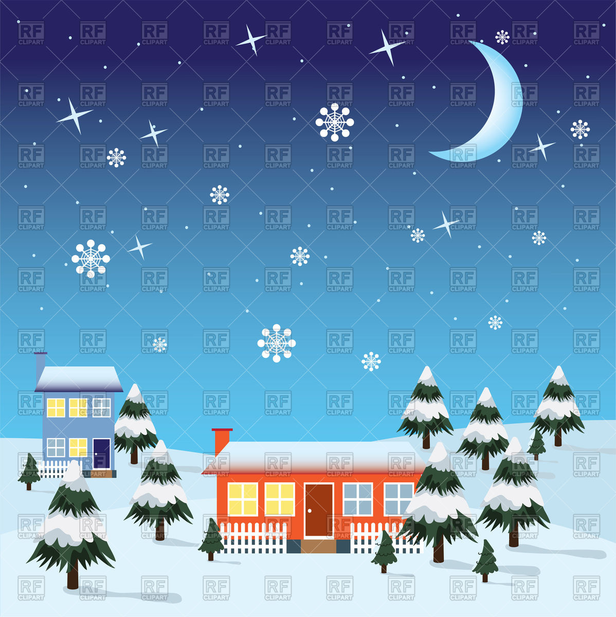 1198x1200 Night Winter Scene With Houses Ant Trees Vector Image Vector