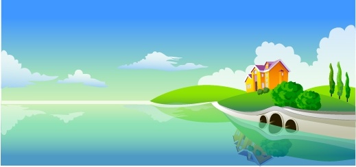 519x244 Oriental Scenery Painting House Lake Icons Colorful Decor Free