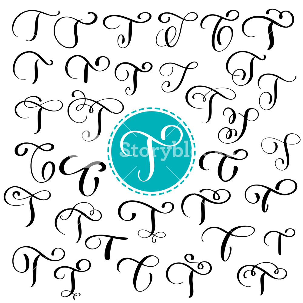 1000x1000 Set Letter T. Hand Drawn Vector Flourish Calligraphy. Script Font