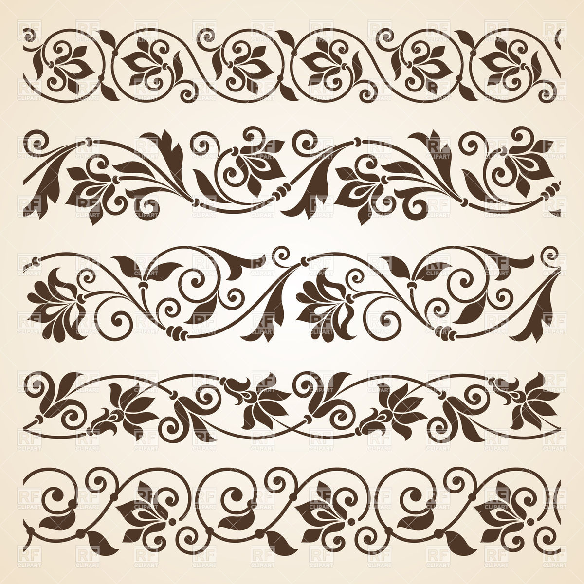 1200x1200 Set Of Five Curly Vintage Floral Borders Vector Image Vector