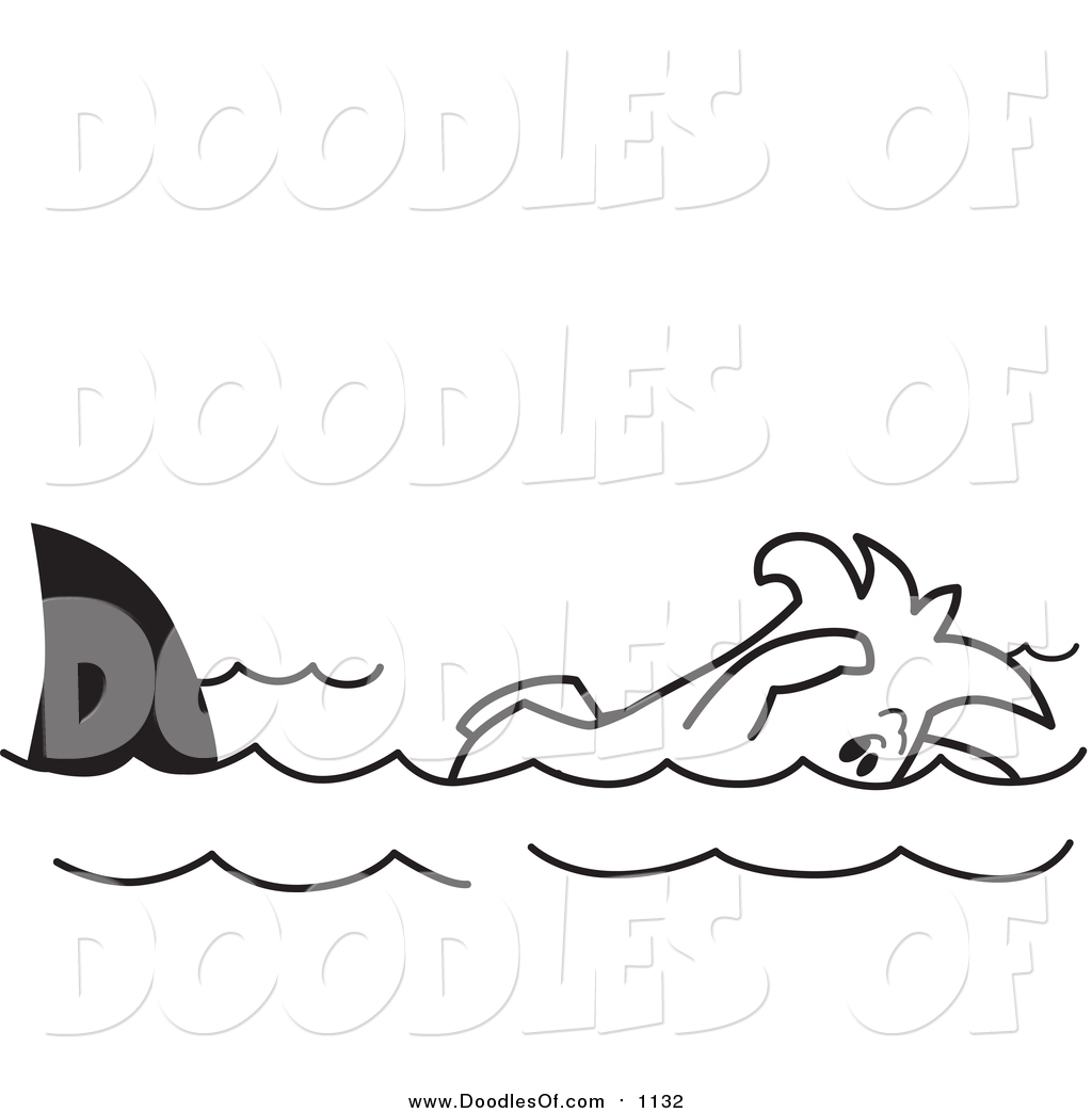 1024x1044 Vector Clipart Of A Doodled Squiggle Guy Swimming With Sharks By