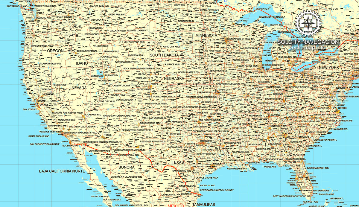 1200x692 Us + Canada Printable Vector Full Road Map Editable Adobe Illustrator