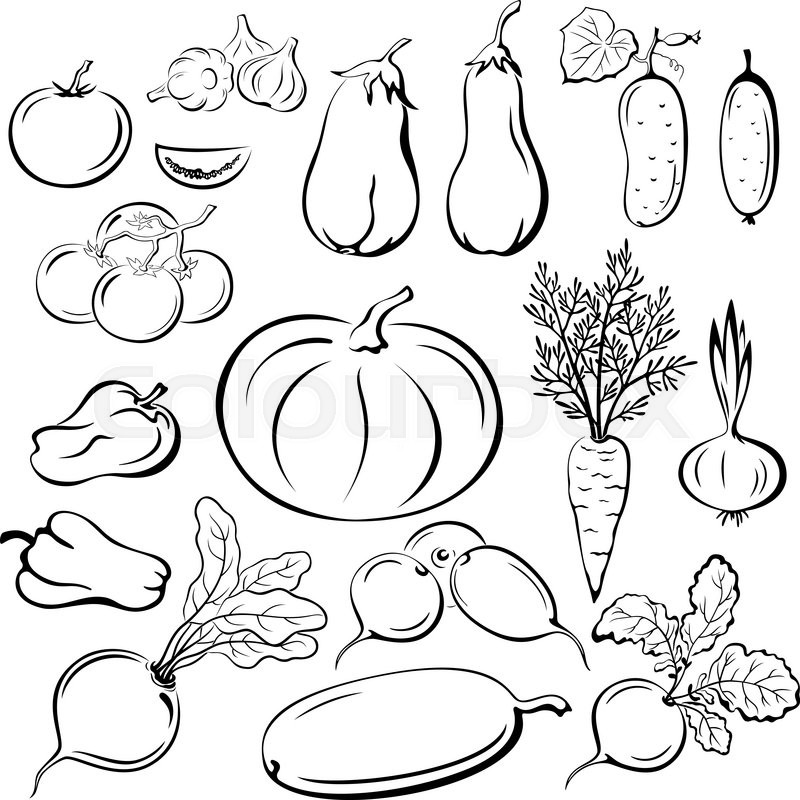 800x800 Set Vegetables, Black Outline Pictograms Isolated On White