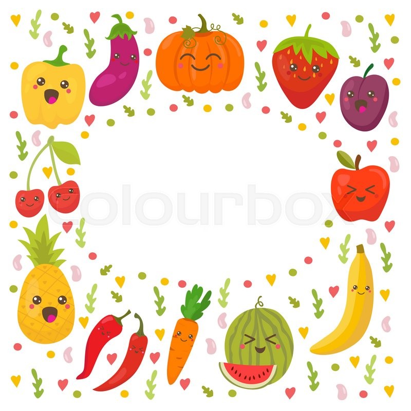 800x800 Fresh Happy Fruits And Vegetables. Frame For Your Design. Cute