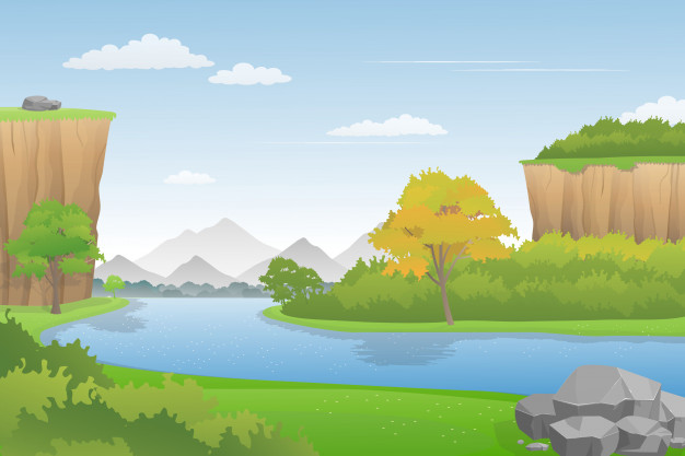 626x417 Illustration Of Valley Landscape. Beauty Riverside View Vector