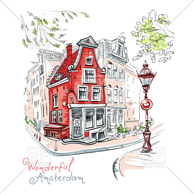 400x400 Color Hand Drawing, City View Of Amsterdam, Holland, Netherlands