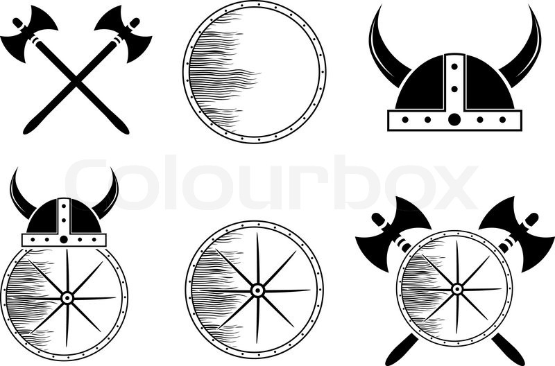 800x528 Attribute Viking Set Shield, Helmet, Axe Silhouettes Stock