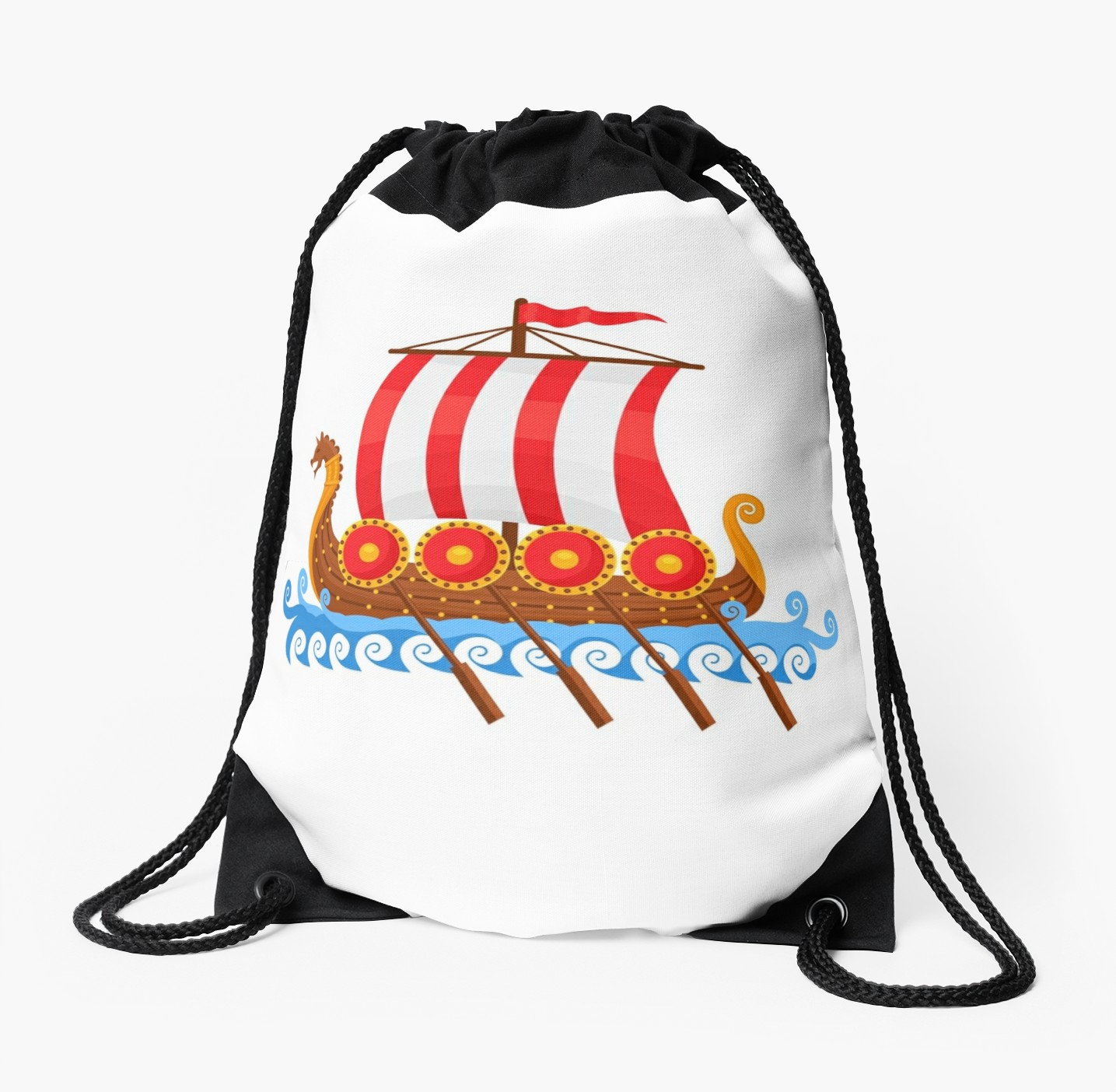 1435x1404 Cartoon Viking Ship Vector Illustration Drawstring Bags By
