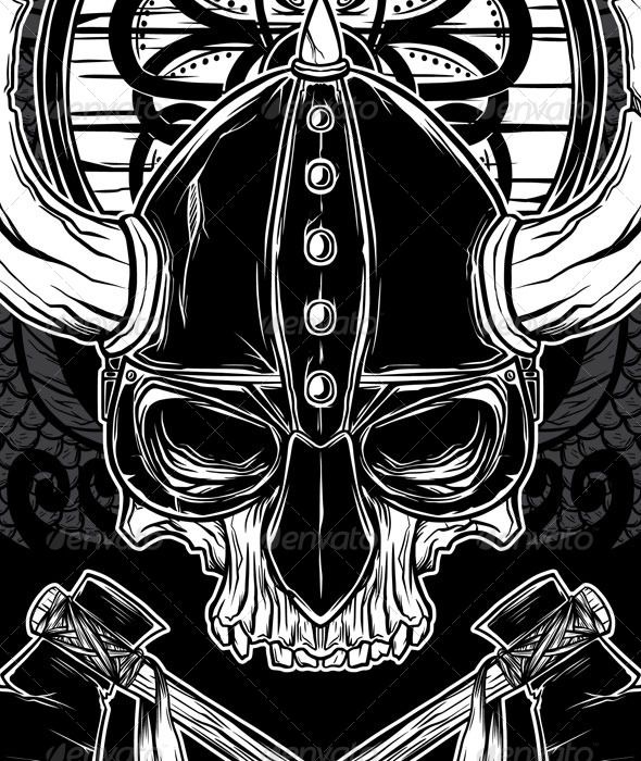 590x700 Vector Hand Drawn Viking Skull, Axe, And Shield Tattoo