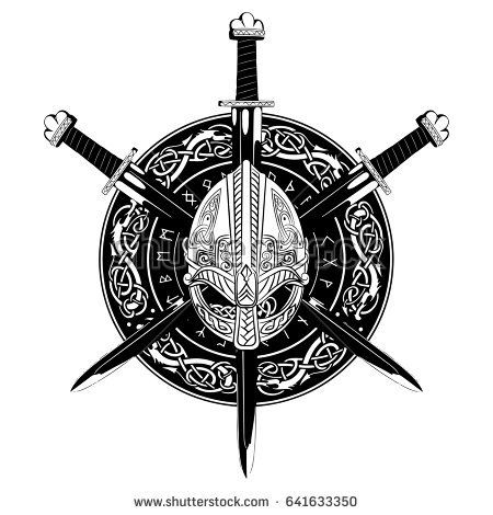 450x470 Viking Helmet, Crossed Viking Sword And In A Wreath Of