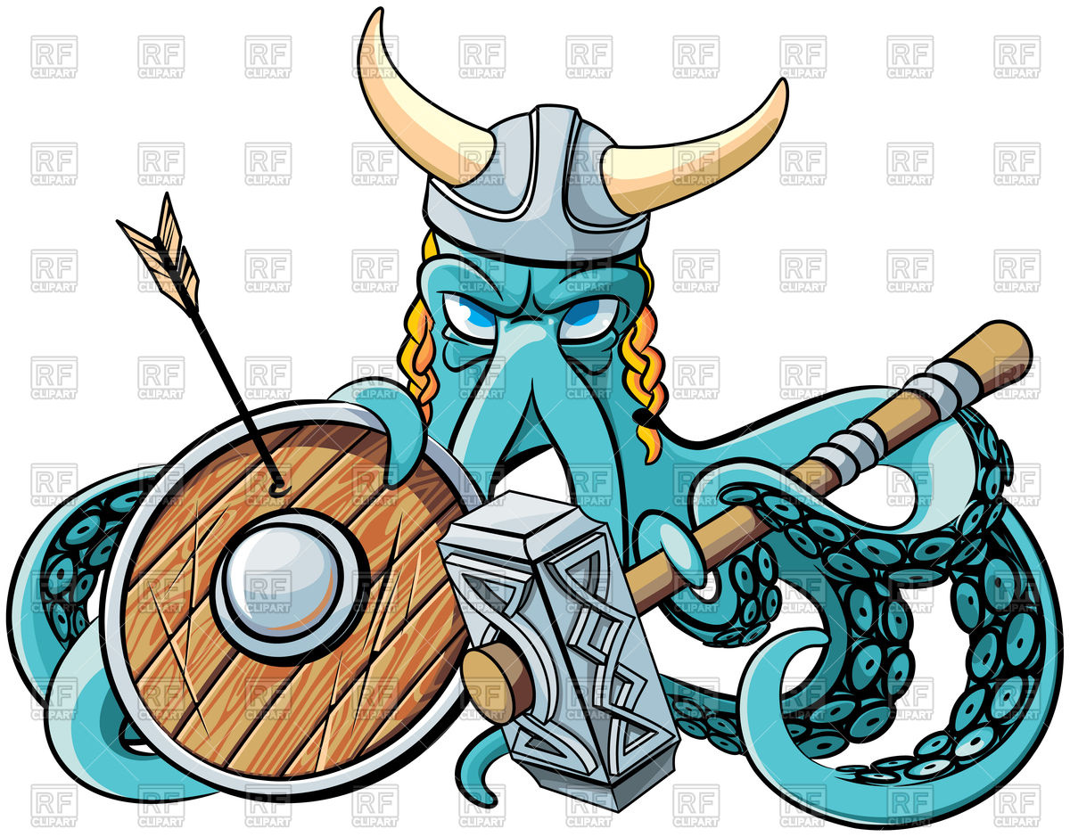 1200x939 Octopus In The Viking Helmet With Battle Hammer And Wooden Shield