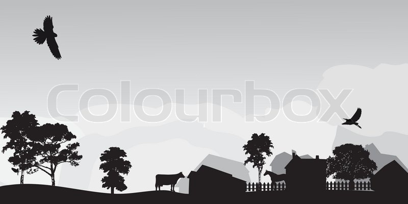 800x400 Grey Landscape With Trees And Village Stock Vector Colourbox