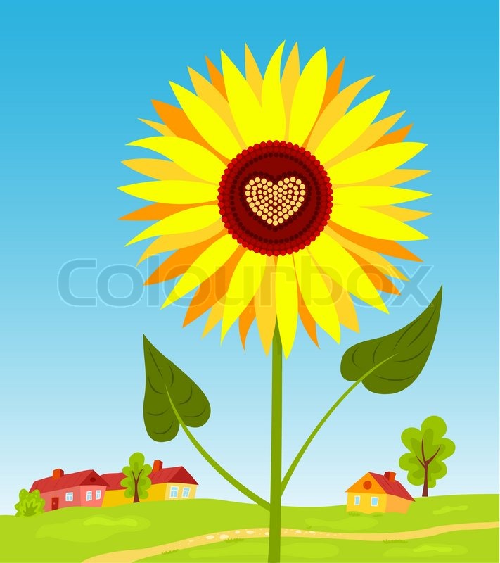 711x800 Sunflower With Heart Against Village Vector Illustration Stock