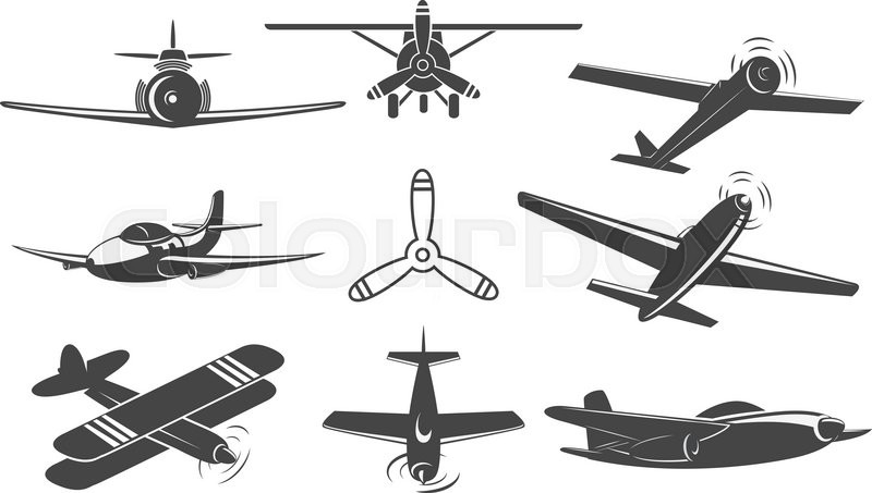 800x453 Set Of Vintage Airplanes From Different Angles. Planes Silhouettes