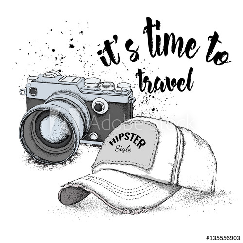 500x500 Hand Drawn Baseball Cap With Vintage Camera. Vector Illustration