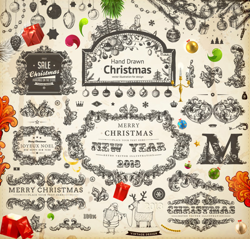 500x478 Vintage Christmas And New Year 2013 Ornaments Vector 06 Free Download