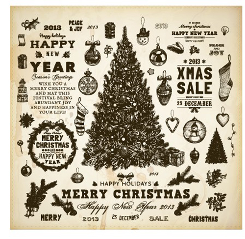 500x486 Vintage Hand Drawn New Year And Christmas Ornaments Vector Set 01