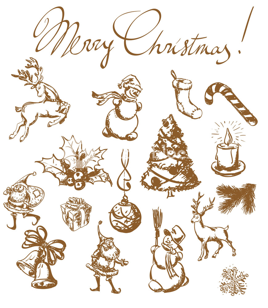 870x1000 Christmas Vintage Sketches. Hand Drown Design Elements Vector Set