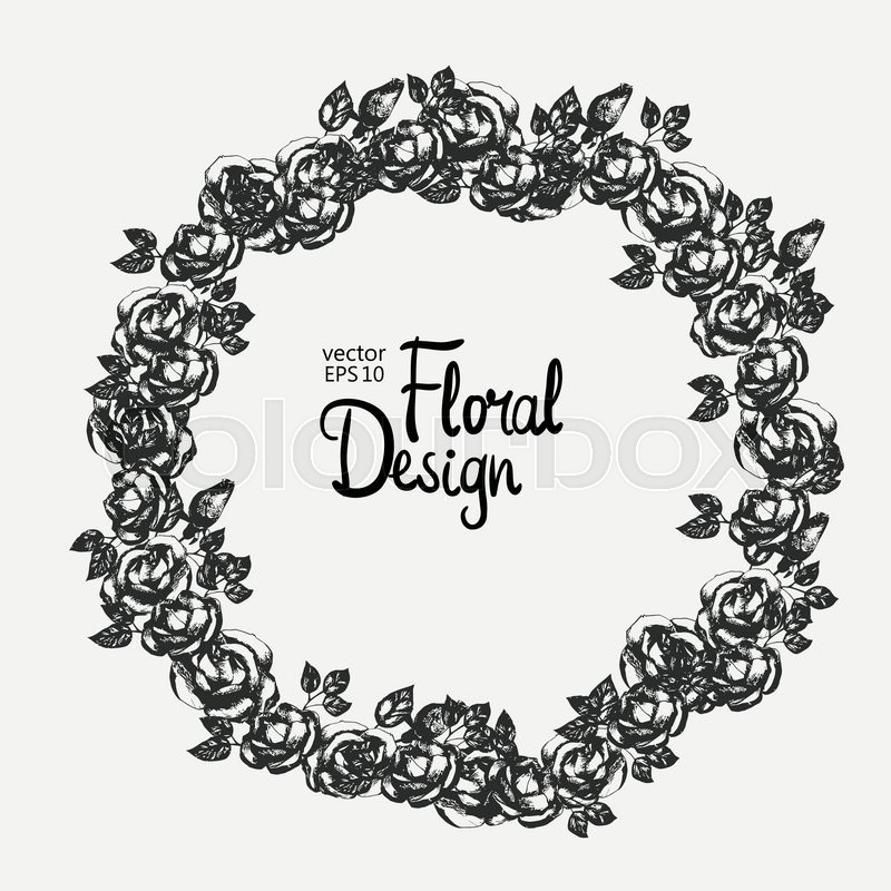 800x800 Vintage Floral Vector Wreath. Black And White. Hand Drawn Flowers