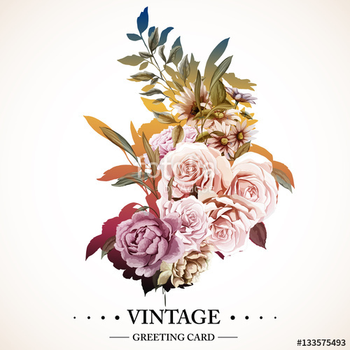 500x500 Flowers. Bouquet Of Roses, Carnations And Peony. Vintage Picture