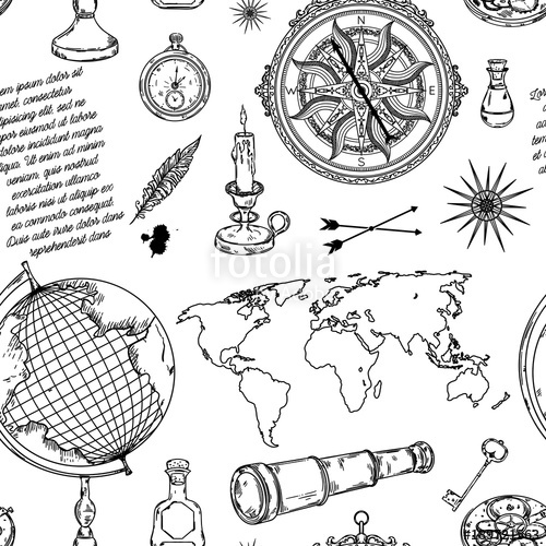 500x500 Seamless Pattern With Globe, Compass, World Map And Wind Rose