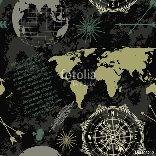 500x500 Seamless Pattern With Vintage Globe, Compass, World Map And Wind