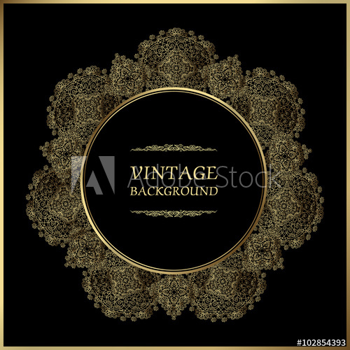 500x500 Vintage Background, Ornamental Round Frame, Vector Gold Label