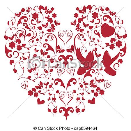 450x449 Red Vintage Heart. Vector Heart With Doves.