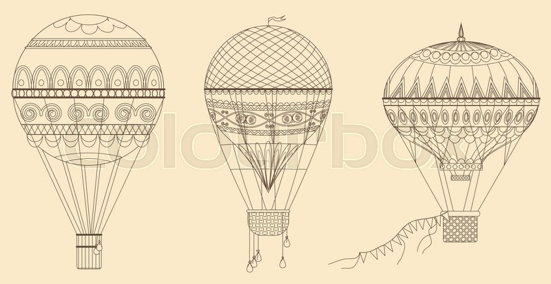 800x413 Vintage Hot Air Balloons Vector Illustration. Thin Line Baloon