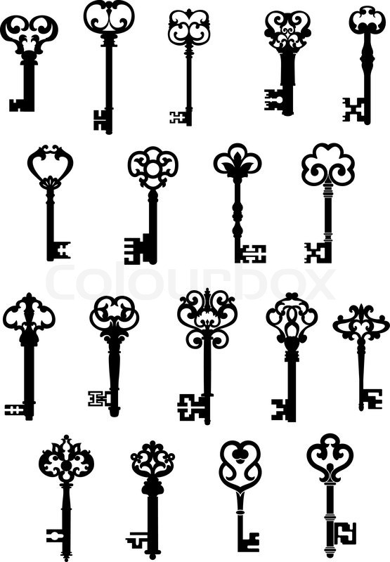 555x800 Large Set Of Black And White Silhouette Vector Vintage Keys With