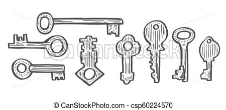 450x220 Vintage Key Vector Set In Engraving Style. Antique Collection