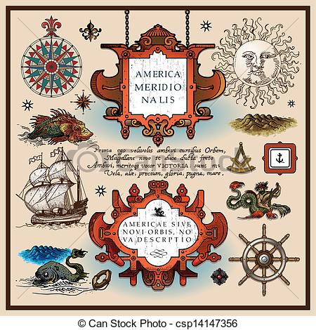 450x470 Antique Map Elements Isolated On Light Background.